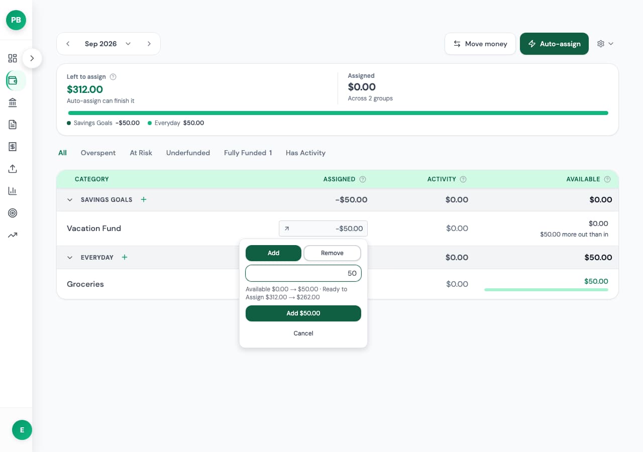 Vacation Fund Add / Remove editor with Add selected, amount 50, and the preview 'Available $0.00 → $50.00 · Ready to Assign $312.00 → $262.00' above the Add $50.00 button.